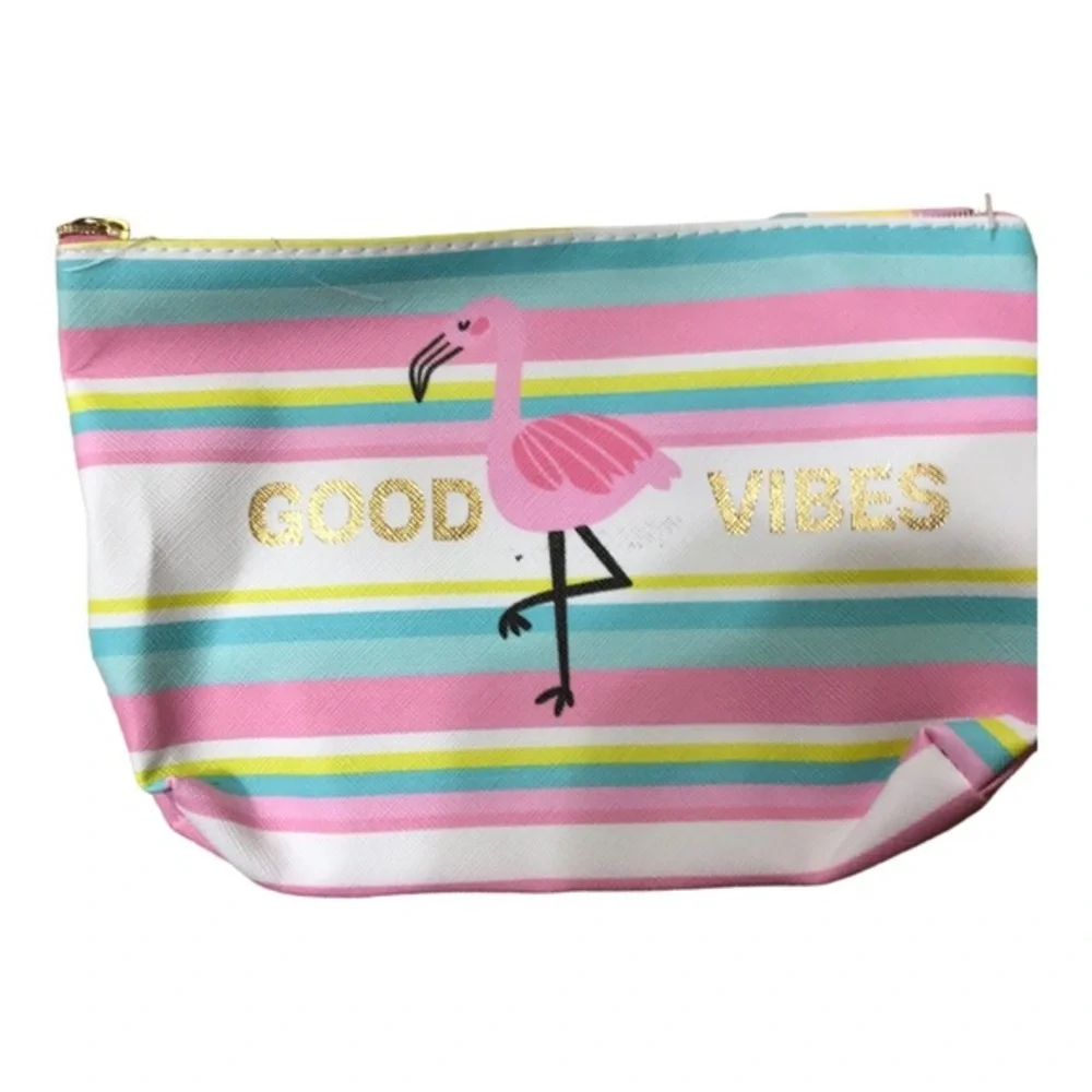3pack pink flamingo themed “flaunt‎ it” & “good vibes” makeup bag coin pouch new
